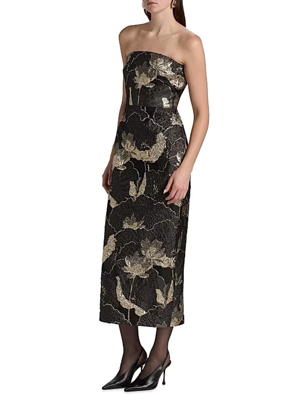 As It May Allie Strapless Black Dress with Gold Floral Brocade